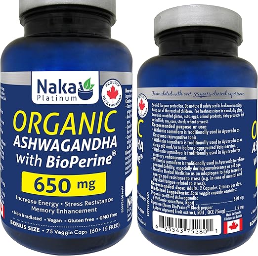 Naka Platinum Organic Ashwagandha with BioPerine, 650mg, Increase Energy, Stress Resistance, Memory Enhancement, Made in Canada (75 vcaps)