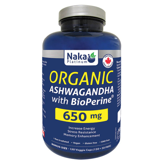 🌿 Naka Platinum Organic Ashwagandha with BioPerine – 650mg | 150 Veggie Caps